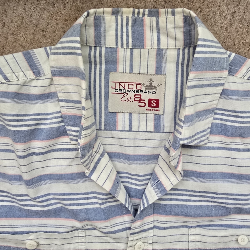 JNCO Crownbrand Men's Jr Medium Button Up Short Sleeve Shirt Blue White Stripe